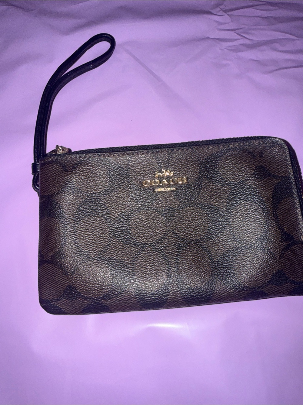 Coach Brown Signature Canvas Wristlet with Gold Logo